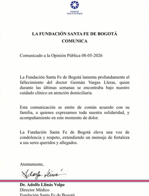 Comunicado de la Fundación Santa Fe de Bogotá sobre la salud de Germán Vargas Lleras - créditoFundación Santa Fe de Bogotá