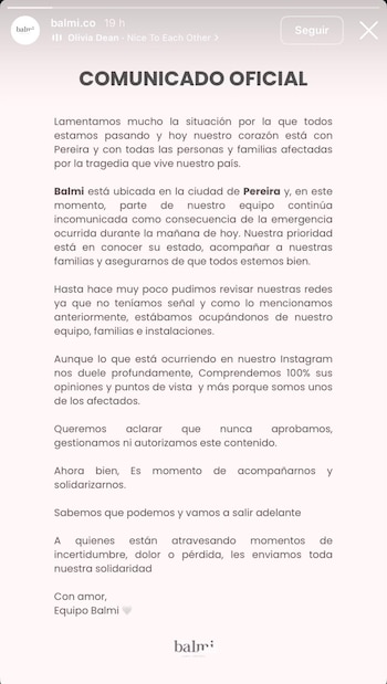 La marca que mencionó Mariana Neumann se desmarca de la polémica y aclara que no autorizó la publicación - crédito @balmi.co/IG