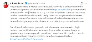 Captura de pantalla de una publicación en la red social X realizada por la cuenta de Julia Rubiano sobre la educación media