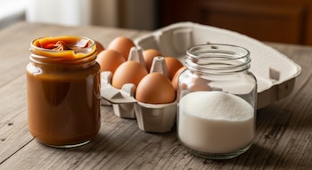 Un pote de dulce de leche abierto, un cartón de huevos marrones y un pote de azúcar blanca granulada sobre una mesa de madera rústica.