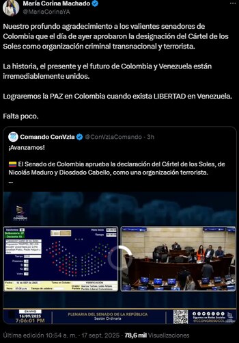 Pronunciamiento de María Corina Machado sobre el Cartel de los Soles - crédito @MariaCorinaYA