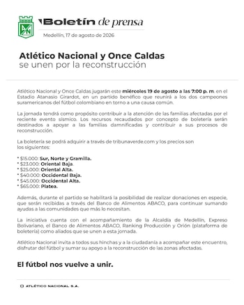 Este es el comunicado oficial de Atlético Nacional en el que informa los pormenores del partido benéfico ante Once Caldas - crédito Atlético Nacional