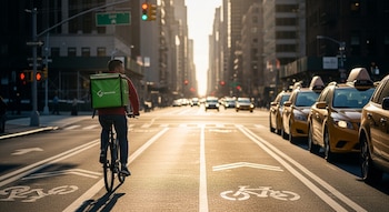 Vista trasera de un repartidor en bicicleta con mochila verde circulando por una ciclovía en una calle de Manhattan, con taxis y edificios al fondo y luz dorada del atardecer.