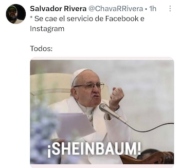 Meme en X mostrando al Papa Francisco con expresión enojada, ceño fruncido y puño levantado, con el texto "¡SHEINBAUM!" superpuesto. Fondo claro