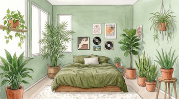 Ilustración de un dormitorio con cama central, paredes de color verde y variadas plantas en macetas situadas en el suelo y colgadas.