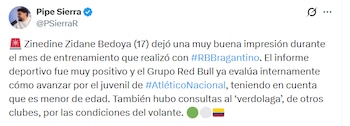 El informe de Felipe Sierra sobre la posibilidad de que Zinedine Zidane Bedoya sea transferido al fútbol de Brasil - crédito @PSierraR/X