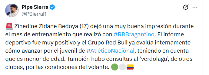 El informe de Felipe Sierra sobre la posibilidad de que Zinedine Zidane Bedoya sea transferido al fútbol de Brasil - crédito @PSierraR/X