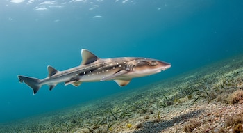 Un tiburón spiny dogfish con manchas blancas nada sobre un fondo marino de arena con vegetación submarina, bajo el agua con luz del sol.