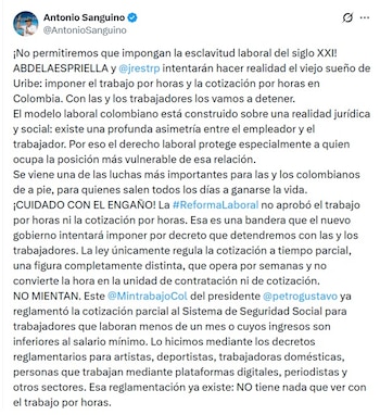Antonio Sanguino, ministro del Trabajo, dijo que la reglamentación de la Reforma Laboral ya esxiste - crédito @AntonioSanguino/X