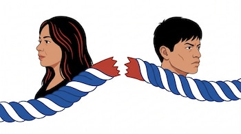 Ilustración de una mujer y un hombre mirando hacia lados opuestos, separados por una cuerda azul y blanca rota en el centro.