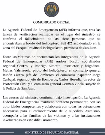 La Junta de Seguridad de Transporte de la Nación abrió un expediente para determinar las causas del siniestro, mientras el intendente de Valle Fértil señaló que la zona del parque estaba cubierta de neblina al momento del accidente