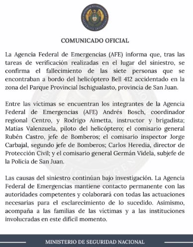 La Junta de Seguridad de Transporte de la Nación abrió un expediente para determinar las causas del siniestro, mientras el intendente de Valle Fértil señaló que la zona del parque estaba cubierta de neblina al momento del accidente