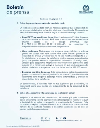 La entidad también aclaró que existen dos vías de acceso a la información. Una es el visor ciudadano, que permite consulta y descarga individual de los E-14; la otra es el mecanismo de descarga masiva disponible para las dos campañas mediante usuario y contraseña - crédito @Registraduria/X