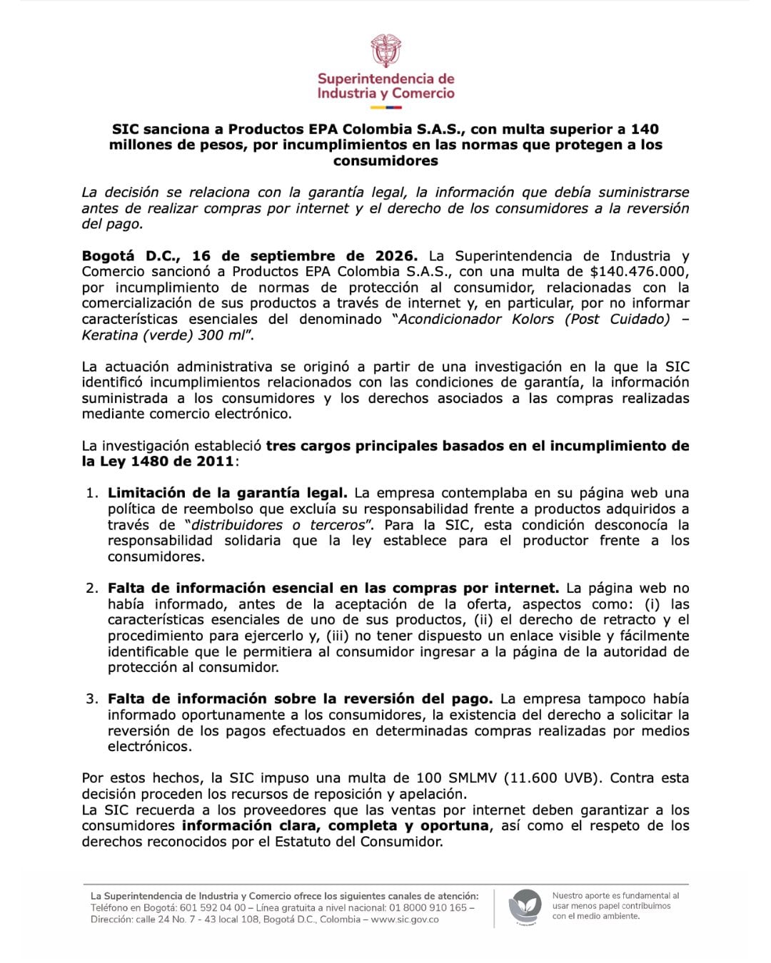 El comunicado fue emitido por la SIC la mañana del miércoles 16 de septiembre de 2026 - crédito @sicsuper/X