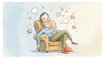 Ilustración de un hombre recostado en un sillón, rodeado por globos de diálogo vacíos, tazas de té y confeti.