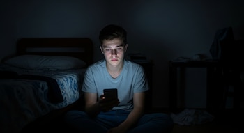 Un joven sentado en el suelo de una habitación oscura mira un teléfono móvil, la luz de la pantalla ilumina su rostro. Se ve una cama y una mesa en el fondo.