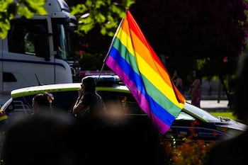 Una manifestante sostiene una bandera