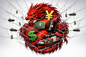 Ilustración conceptual de un dragón rojo enredado en una telaraña. Sobre él: yuan, microchip, barril de petróleo, dólar y portacontenedores. Dólares y barcos cuelgan de la red.