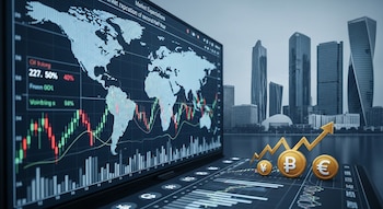 Pantalla con mapa mundial y gráficos financieros, cotización de petróleo, símbolos de yen, rublo y euro, flecha ascendente, y edificios modernos.
