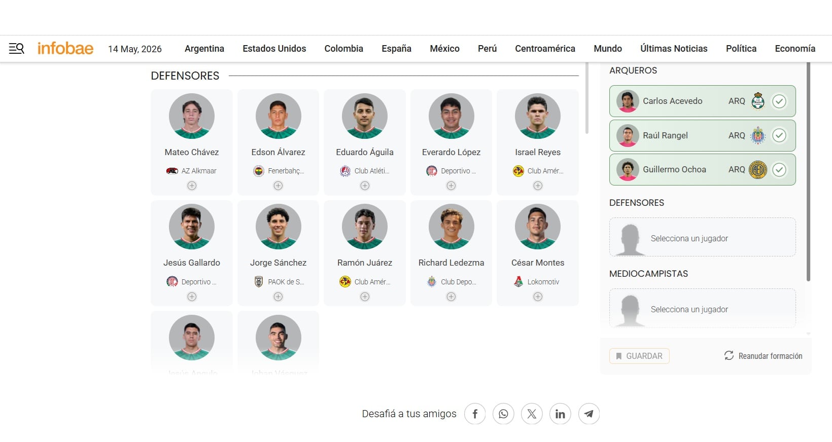 Arma tu tu selección mexicana ideal para el Mundial 2026 con Infobae (Infobae México)