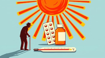 Ilustración de un sol abrasador sobre medicamentos, un termómetro marcando más de 40°C y la silueta de un adulto mayor con bastón.