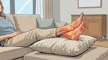 Ilustración de una persona en un sofá con los pies elevados sobre un cojín. Se observan huesos y músculos en los pies y piernas, con zonas rojas de inflamación.