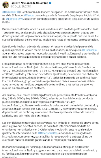 La Tercera División informó que el cuerpo del soldado fue retirado del lugar de los enfrentamientos. - crédito @COL_EJERCITO/X