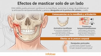 Infografía sobre los efectos de masticar solo de un lado, mostrando un cráneo con mandíbula, una mandíbula inferior y una figura humana con columna vertebral.