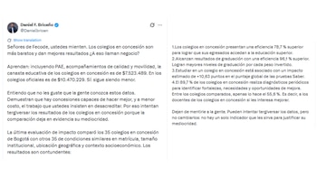 Daniel Briceño aseguró que esas instituciones cuestan menos que las oficiales y citó indicadores de graduación, acceso a educación superior y pruebas Saber - crédito @Danielbricen/X