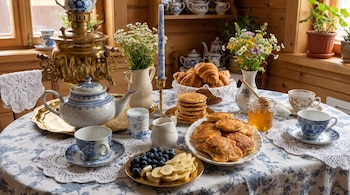 Mesa con mantel blanco y azul que sostiene un samovar dorado, tazas, tetera, flores, panqueques, cruasanes, fruta troceada y un tarro de miel.