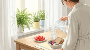 Persona de espaldas en bata sirviendo agua en un vaso junto a un desayuno con sandía, yogur, frutos rojos, semillas y pan integral en una mesa de madera.