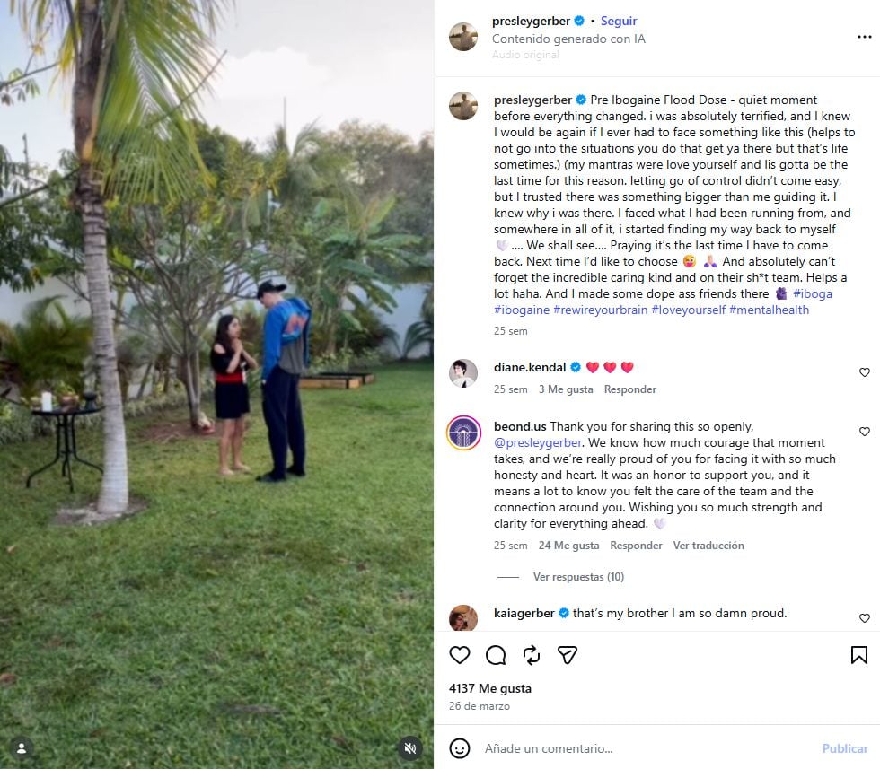 Seis meses antes de morir, Presley contó en Instagram su lucha contra la adicción y dijo que enfrentó aquello de lo que había estado huyendo
(Instagram/@presleygerber)