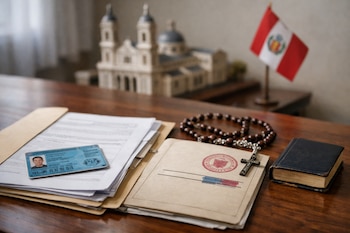 Una mesa con un DNI peruano, un expediente con sello, un rosario, un libro pequeño, una maqueta de la Catedral de Chiclayo y una bandera peruana.