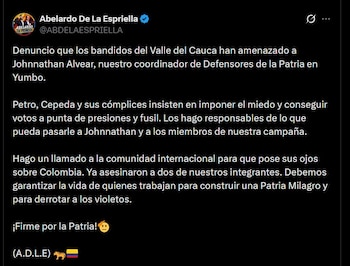 Abelardo De La Espriella responsabiliza a Gustavo Petro e Iván Cepeda por los hostigamientos y pide vigilancia internacional ante la escalada de amenazas - crédito @ABDELAESPRIELLA / X