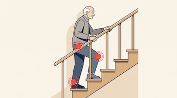 Un hombre mayor sube una escalera de madera sujetándose del pasamanos, con círculos rojos en el tobillo, la rodilla y la cadera.