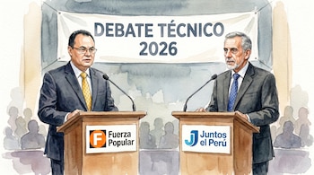 Ilustración en acuarela de dos hombres en traje y corbata, en atriles con logos de "Fuerza Popular" y "Juntos por el Perú". Banner superior: "DEBATE TÉCNICO 2026".