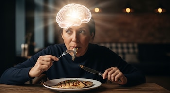 Una mujer de unos 50 años con el rostro visible, come un trozo de pescado a la parrilla con un tenedor y un cuchillo, mientras un cerebro brillante flota sobre su cabeza.