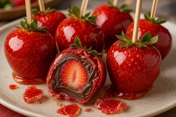 Fresas cubiertas de caramelo rojo sobre brochetas de madera en un plato, junto a una pieza cortada que exhibe relleno de chocolate.