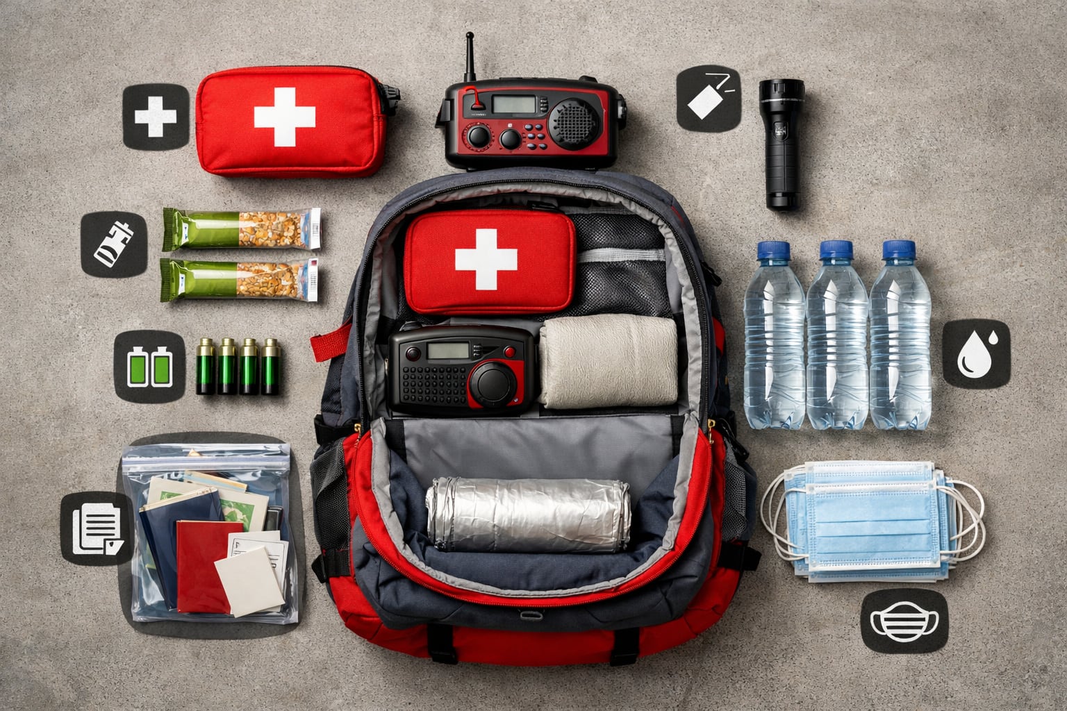 Una mochila de emergencia para sismos muestra su contenido esencial organizado, incluyendo un botiquín, agua, alimentos, radio, linterna, documentos y mascarillas. (Imagen Ilustrativa Infobae)