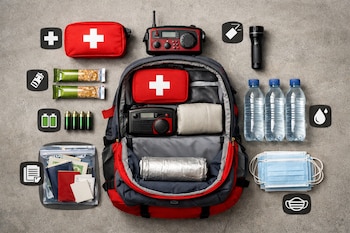 Mochila abierta roja y gris, dos botiquines, dos radios, linterna, dos barras energéticas, cuatro pilas, tres botellas de agua, mascarillas, documentos en bolsa, manta ligera, manta térmica.