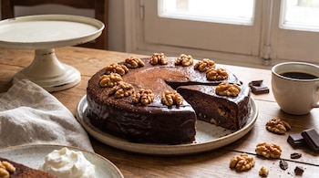 Una torta de chocolate y nueces glaseada con una porción cortada en un plato, junto a una taza de café, crema batida y nueces sueltas.