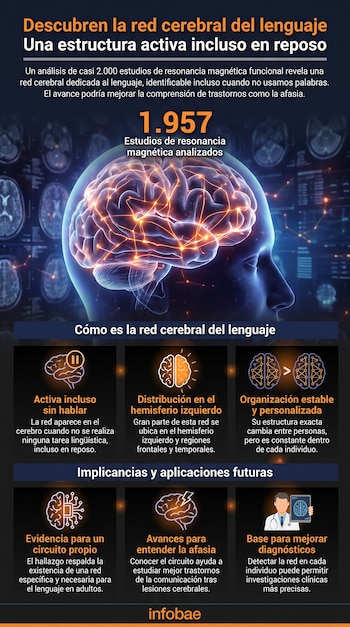 Silueta de cabeza con cerebro iluminado y conexiones neuronales. Infografía con texto sobre red cerebral del lenguaje, números y escáneres cerebrales.