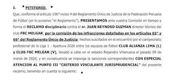 Reclamo presentado por Alianza Lima