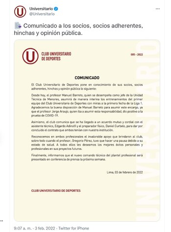 Comunicado de Universitario con el