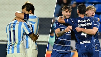Dos imágenes divididas. A la izquierda, dos futbolistas con camiseta celeste y blanca se abrazan. A la derecha, tres futbolistas con camiseta azul oscuro se abrazan