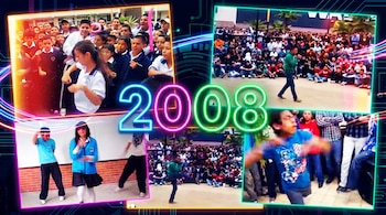 Collage de cuatro fotografías que representa grupos de jóvenes bailando y observando; el número 2008 aparece al centro con efecto neón.