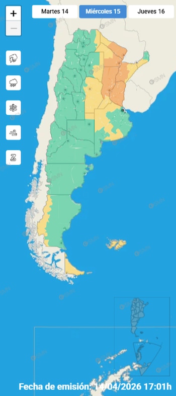 Las alertas más graves afectan a Entre Ríos, Santa Fe, este de Chaco, este de Formosa y oeste de Corrientes por tormentas intensas