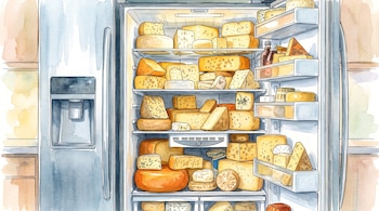 Ilustración en acuarela de un refrigerador abierto repleto de bloques, ruedas y cuñas de queso en todos los estantes.