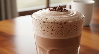 Vaso de Chocofoam de chocolate espumoso con virutas de chocolate encima, sobre una mesa de madera. Al fondo, una taza blanca y una ventana borrosas.