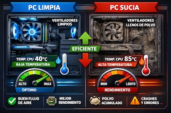 Infografía comparativa del interior de una PC limpia con ventiladores encendidos y una PC sucia con mucho polvo, mostrando diferencias de temperatura y rendimiento.